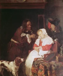 Dois homens com uma mulher adormecida, c.1655-60 (óleo sobre painel de carvalho)